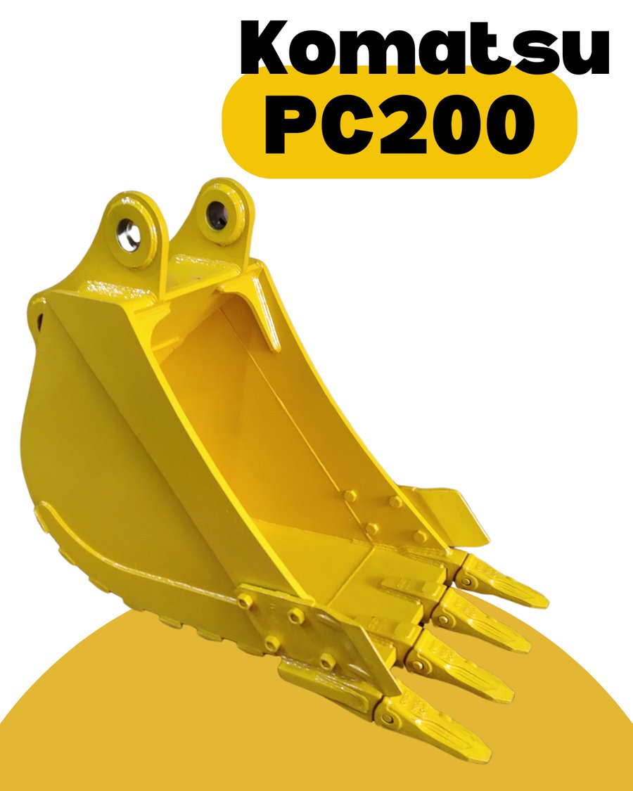 Caçamba amarela com dentes para escavadeira Komatsu PC200